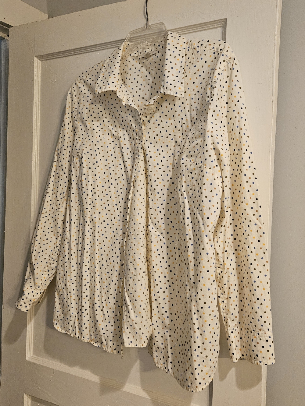 Talbots Cream Button-Up Shirt with Navy, Olive, and Mustard Dots, Size XL